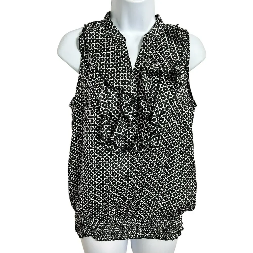 Jules & Leopold Black White Floral Blouse Sz S V-Neck Sleeveless Top Ruffle - Picture 6 of 6